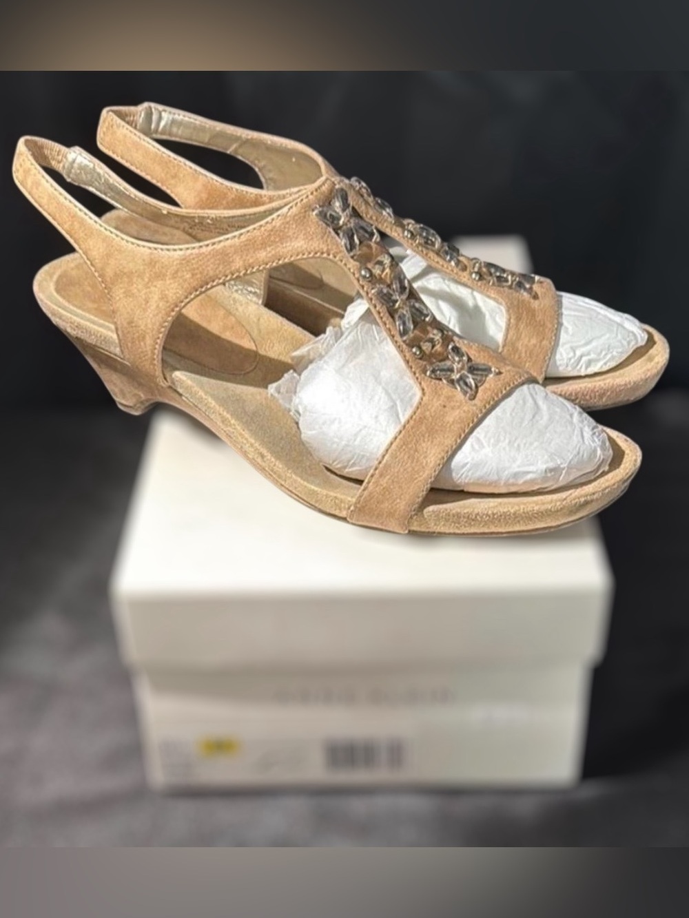 Anne Klein Brown Wedge Embellished Slingback Sandals